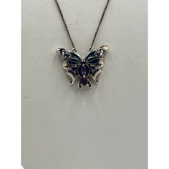 Vintage Sterling Silver Butterfly Pendant Amethyst Enamel 17" Box Chain Italy - Picture 4 of 13